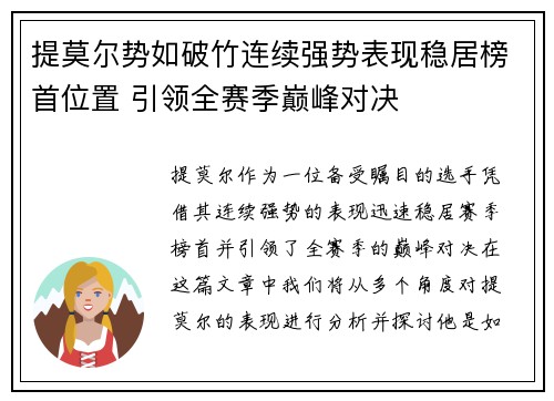 提莫尔势如破竹连续强势表现稳居榜首位置 引领全赛季巅峰对决
