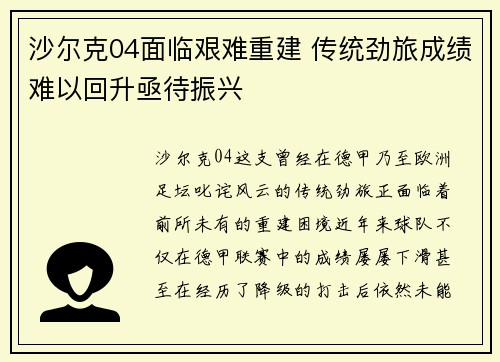 沙尔克04面临艰难重建 传统劲旅成绩难以回升亟待振兴