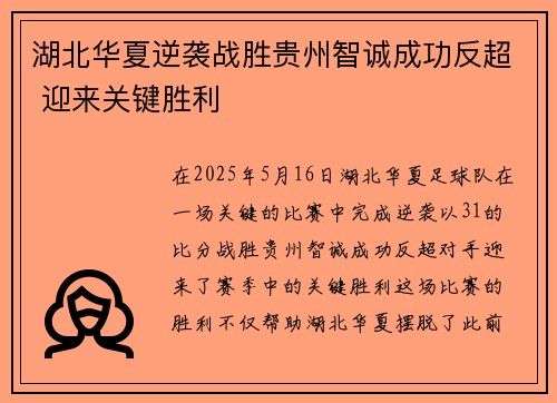 湖北华夏逆袭战胜贵州智诚成功反超 迎来关键胜利