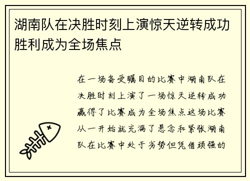 湖南队在决胜时刻上演惊天逆转成功胜利成为全场焦点