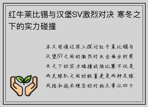 红牛莱比锡与汉堡SV激烈对决 寒冬之下的实力碰撞