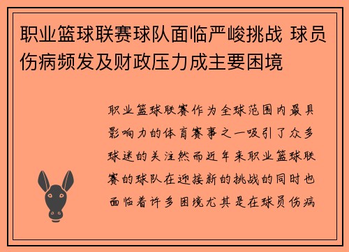 职业篮球联赛球队面临严峻挑战 球员伤病频发及财政压力成主要困境