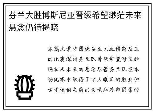 芬兰大胜博斯尼亚晋级希望渺茫未来悬念仍待揭晓