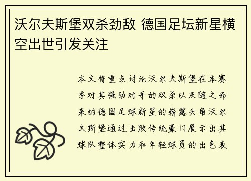 沃尔夫斯堡双杀劲敌 德国足坛新星横空出世引发关注
