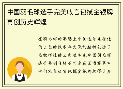 中国羽毛球选手完美收官包揽金银牌再创历史辉煌