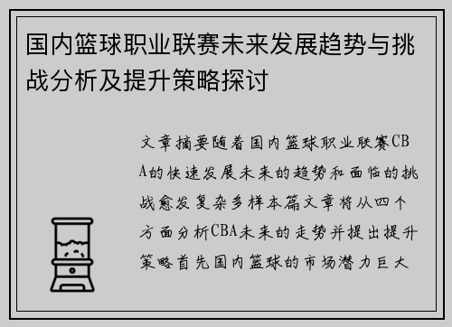 国内篮球职业联赛未来发展趋势与挑战分析及提升策略探讨