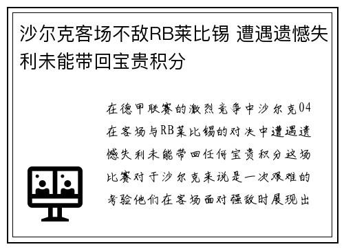 沙尔克客场不敌RB莱比锡 遭遇遗憾失利未能带回宝贵积分